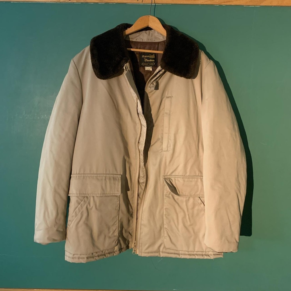 House of Peerless Vintage 80s Mens Jacket Faux Fur Collar Cream Brown Size 44